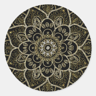 Black Faux Glitter en Gold Floral Mandala Ronde Sticker