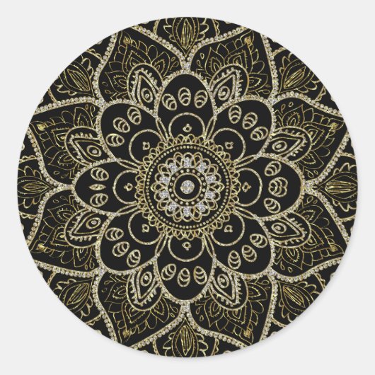 Black Faux Glitter en Gold Floral Mandala Ronde Sticker (Voorkant)