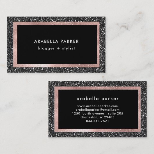 Black Faux Glitter en Roos Gold Visitekaartje (Voorkant / Achterkant)