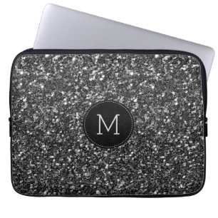 Black Faux Glitter Monogram Laptop Sleeve