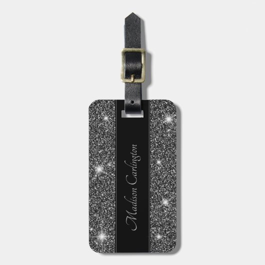 Black Faux Glitter Shimmer Texture Naam Bagagelabel (Voorkant verticaal)