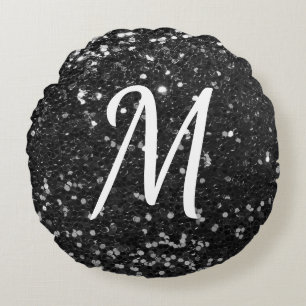 Black Faux Glitter White Custom Initiaal Rond Kussen