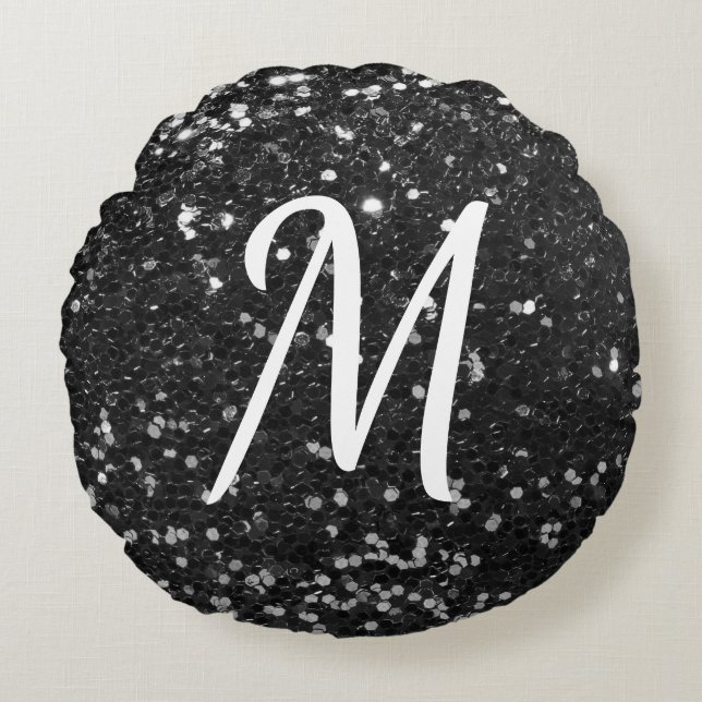 Black Faux Glitter White Custom Initiaal Rond Kussen (Voorkant)