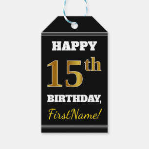 Black, Faux Gold 15th Birthday + aangepaste naam Cadeaulabel