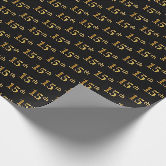 Black, Faux Gold 15th (vijftiende) event Cadeaupapier (Hoek)