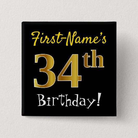 Black, Faux Gold 34th Birthday, met aangepaste naa Vierkante Button 5,1 Cm (Voorkant)