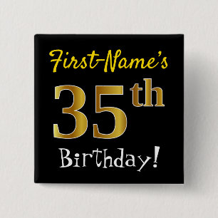 Black, Faux Gold 35th Birthday, met aangepaste naa Vierkante Button 5,1 Cm