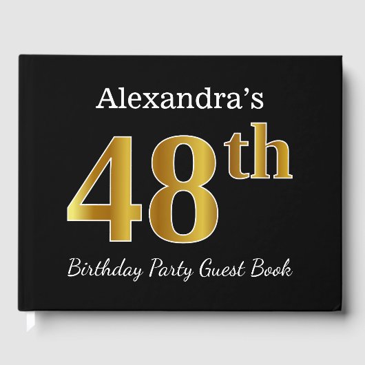 Black, Faux Gold 48th Birthday Party + aangepaste  Gastenboek (Voorkant)