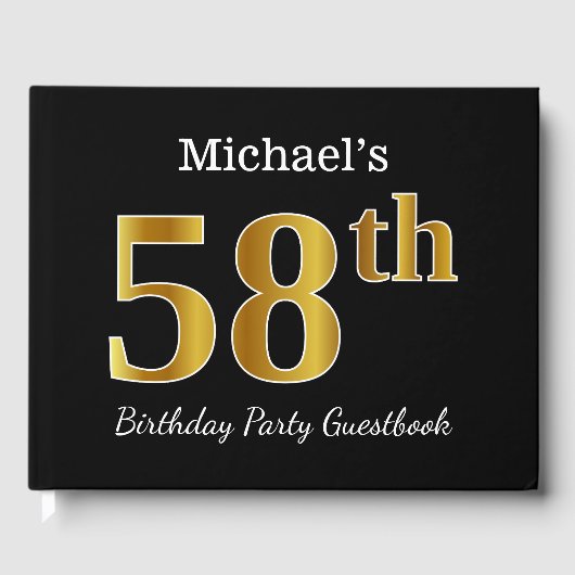 Black, Faux Gold 58th Birthday Party + aangepaste  Gastenboek (Voorkant)