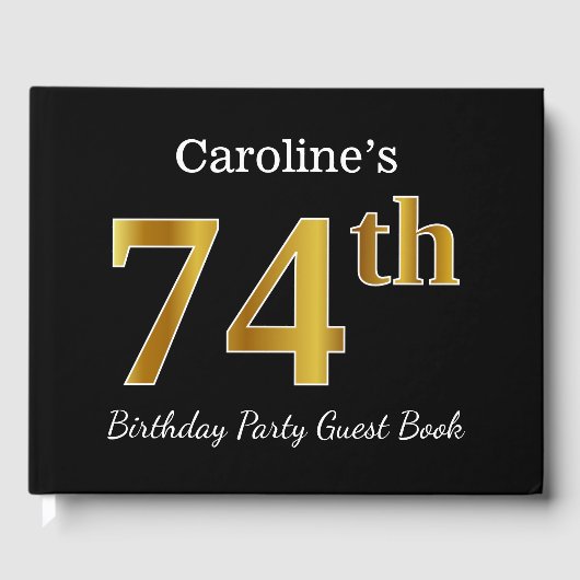 Black, Faux Gold 74th Birthday Party + aangepaste  Gastenboek (Voorkant)