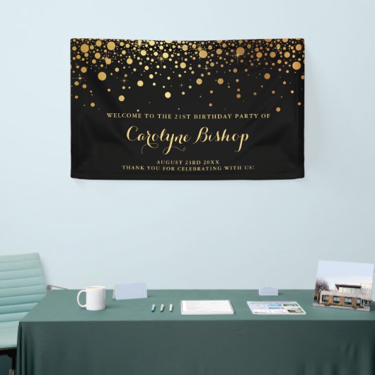 Black | Faux Gold Confetti Birthday Party Banner (Beurs)