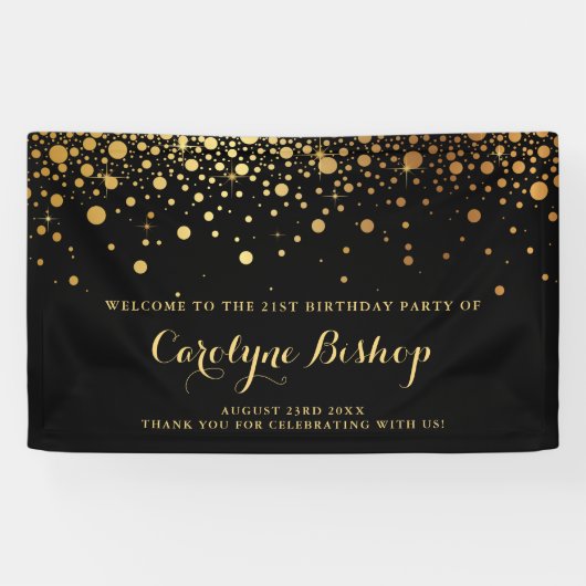 Black | Faux Gold Confetti Birthday Party Banner (Horizontaal)