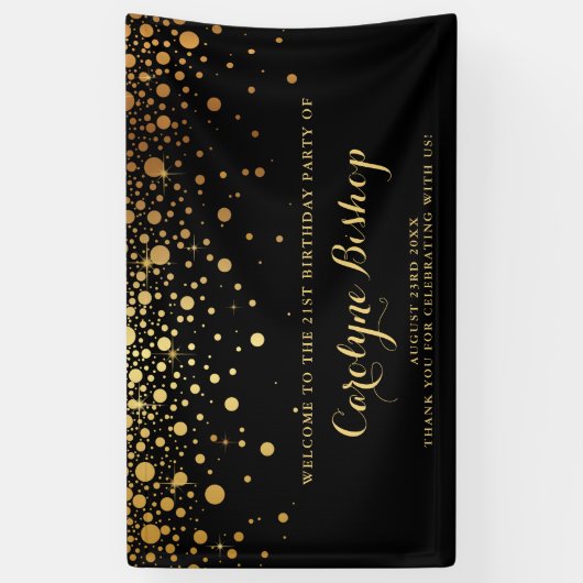 Black | Faux Gold Confetti Birthday Party Banner (Verticaal)
