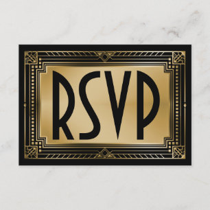 Black & Faux Gold Gatsby Geometric Wedding RSVP