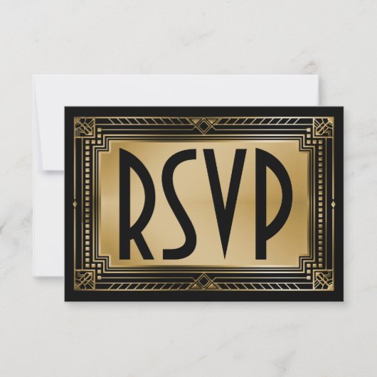 Black & Faux Gold Gatsby Geometric Wedding RSVP (Voorkant)