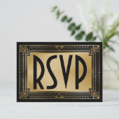 Black & Faux Gold Gatsby Geometric Wedding RSVP (Staand voorkant)