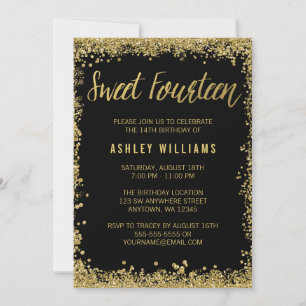 Black Faux Gold Glitter Sweet 14th Birthday Party Kaart