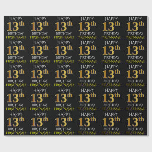 Black, Faux Gold "HAPPY 13th BIRTHDAY" Cadeaupapier