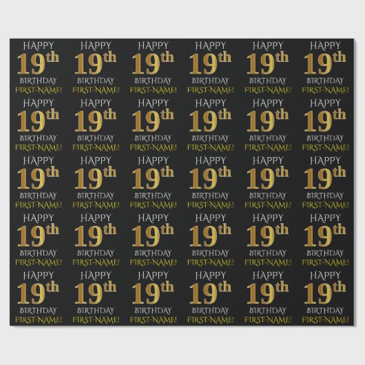 Black, Faux Gold "HAPPY 19th BIRTHDAY" Cadeaupapier (Vlak)