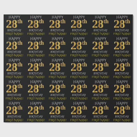 Black, Faux Gold "HAPPY 28th BIRTHDAY" Cadeaupapier (Vlak)