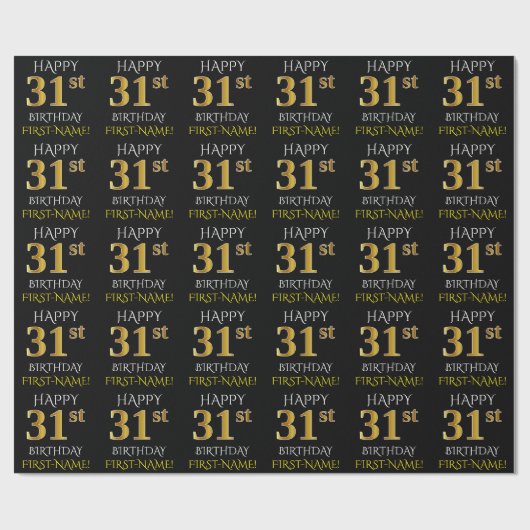 Black, Faux Gold "HAPPY 31st BIRTHDAY" Cadeaupapier (Vlak)