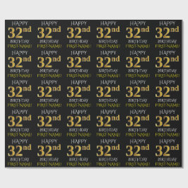 Black, Faux Gold "HAPPY 32nd BIRTHDAY" Cadeaupapier