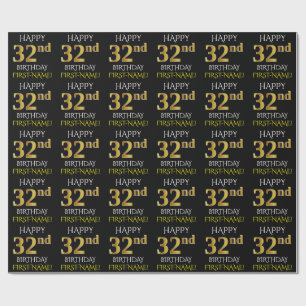 Black, Faux Gold "HAPPY 32nd BIRTHDAY" Cadeaupapier