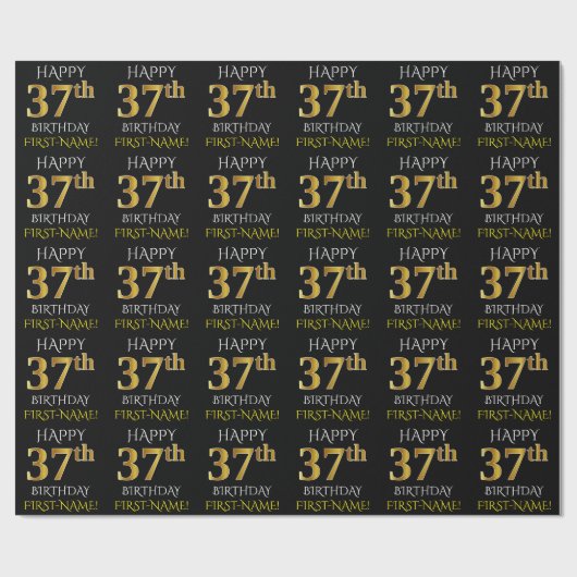 Black, Faux Gold "HAPPY 37th BIRTHDAY" Cadeaupapier (Vlak)