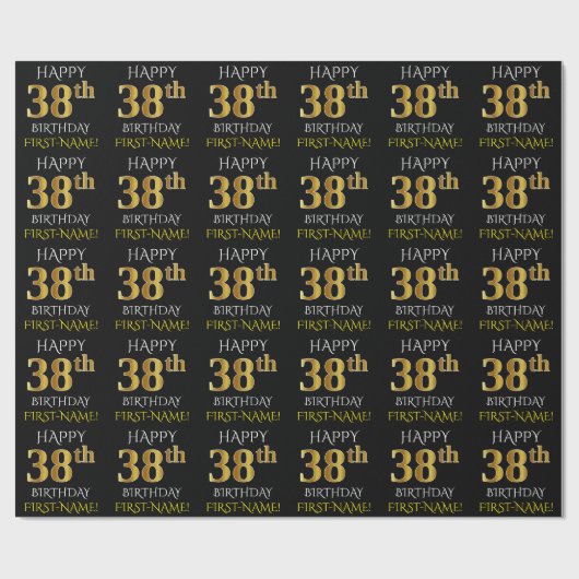 Black, Faux Gold "HAPPY 38th BIRTHDAY" Cadeaupapier (Vlak)