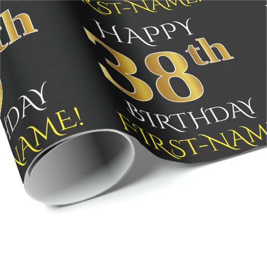 Black, Faux Gold "HAPPY 38th BIRTHDAY" Cadeaupapier (Rol Hoek)