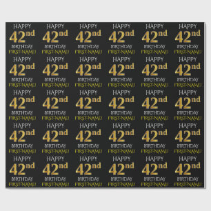 Black, Faux Gold "HAPPY 42nd BIRTHDAY" Cadeaupapier