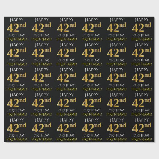 Black, Faux Gold "HAPPY 42nd BIRTHDAY" Cadeaupapier (Vlak)