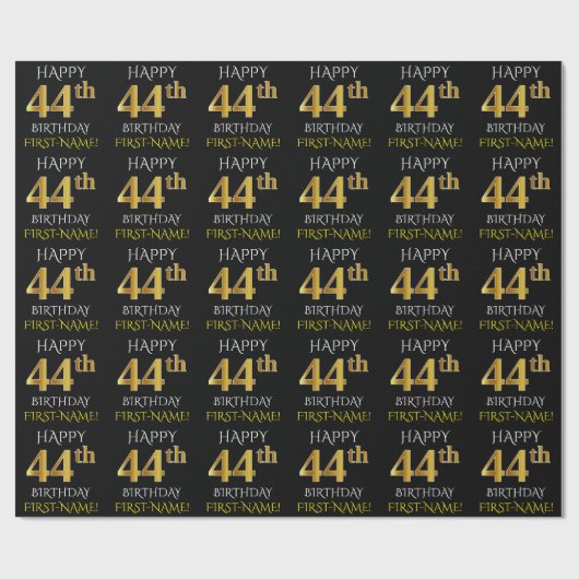Black, Faux Gold "HAPPY 44th BIRTHDAY" Cadeaupapier (Vlak)
