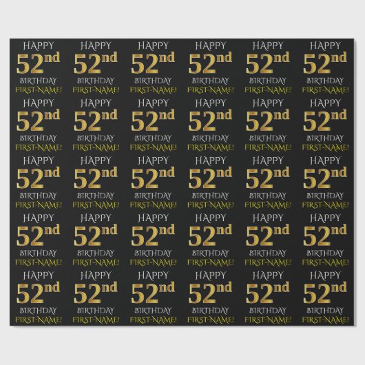 Black, Faux Gold "HAPPY 52nd BIRTHDAY" Cadeaupapier (Vlak)