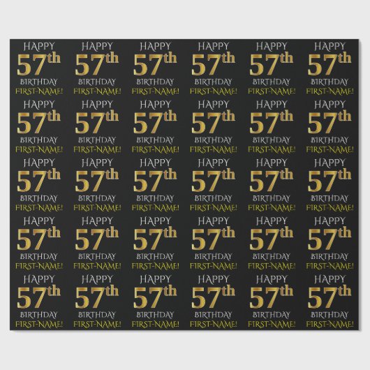 Black, Faux Gold "HAPPY 57th BIRTHDAY" Cadeaupapier (Vlak)