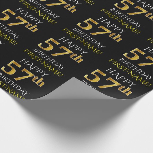Black, Faux Gold "HAPPY 57th BIRTHDAY" Cadeaupapier (Hoek)