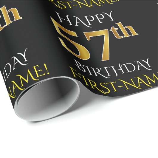 Black, Faux Gold "HAPPY 57th BIRTHDAY" Cadeaupapier (Rol Hoek)