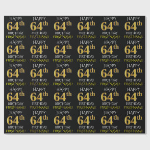 Black, Faux Gold "HAPPY 64th BIRTHDAY" Cadeaupapier