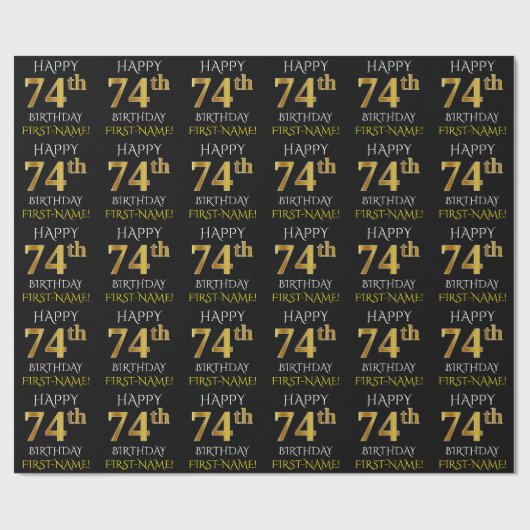 Black, Faux Gold "HAPPY 74th BIRTHDAY" Cadeaupapier (Vlak)