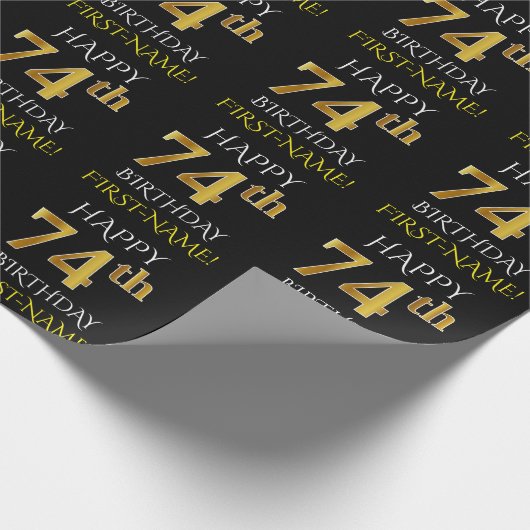 Black, Faux Gold "HAPPY 74th BIRTHDAY" Cadeaupapier (Hoek)