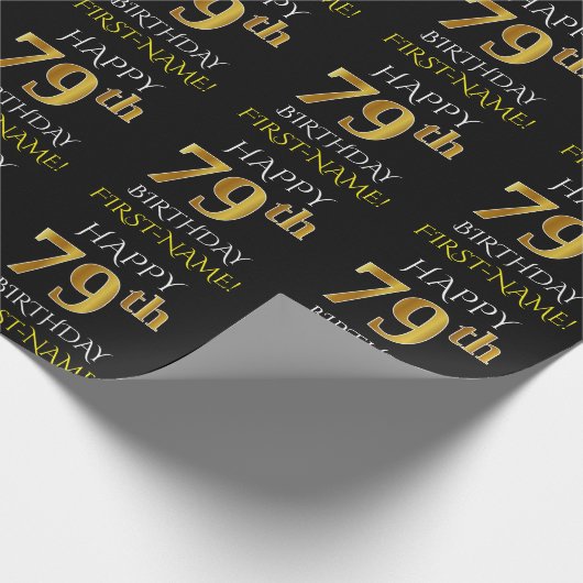 Black, Faux Gold "HAPPY 79th BIRTHDAY" Cadeaupapier (Hoek)