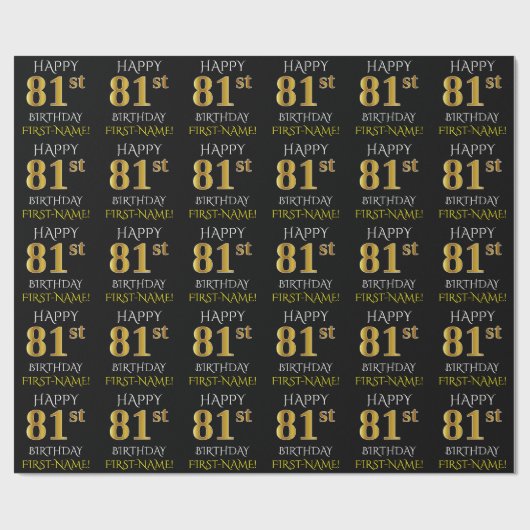 Black, Faux Gold "HAPPY 81st BIRTHDAY" Cadeaupapier (Vlak)