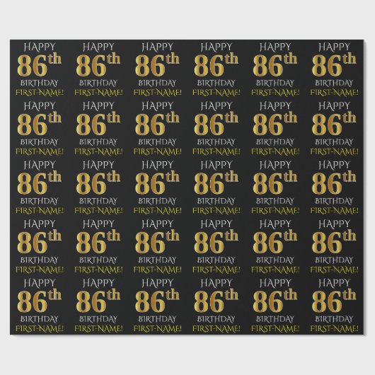 Black, Faux Gold "HAPPY 86th BIRTHDAY" Cadeaupapier (Vlak)