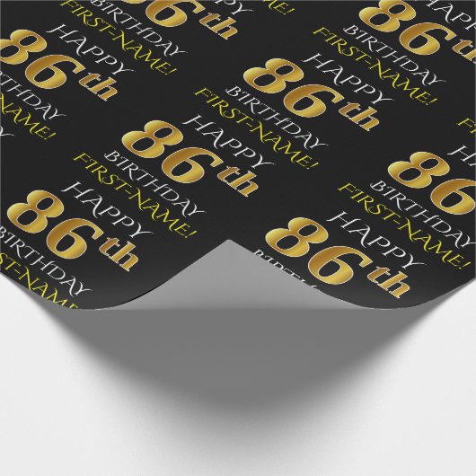 Black, Faux Gold "HAPPY 86th BIRTHDAY" Cadeaupapier (Hoek)