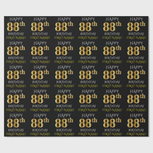 Black, Faux Gold "HAPPY 88th BIRTHDAY" Cadeaupapier (Vlak)