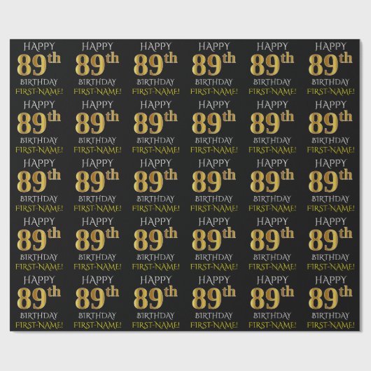Black, Faux Gold "HAPPY 89th BIRTHDAY" Cadeaupapier (Vlak)