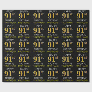 Black, Faux Gold "HAPPY 91st BIRTHDAY" Cadeaupapier