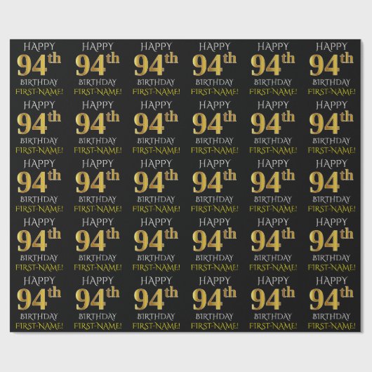 Black, Faux Gold "HAPPY 94th BIRTHDAY" Cadeaupapier (Vlak)