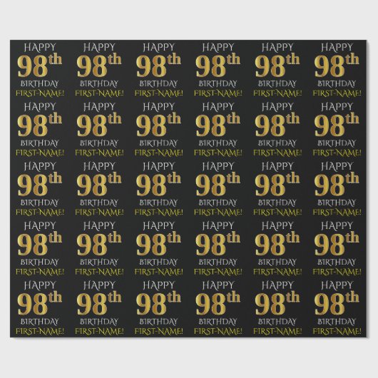 Black, Faux Gold "HAPPY 98th BIRTHDAY" Cadeaupapier (Vlak)