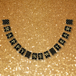 Black Faux Gold Stars Happy New Years Eve Party Vlaggetjes